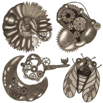Set of Steampunk Elements Drawn by Colored Pencil. Stock Illustration