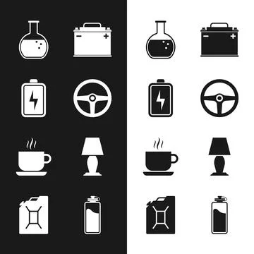 Set Steering wheel, Battery, Test tube and flask, Car battery, Coffee cup and Stock Illustration