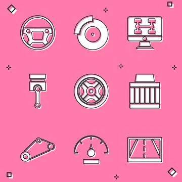 Set Steering wheel, Car brake disk with caliper, Diagnostics condition of c.. Stock Illustration