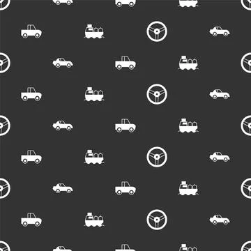 Set Steering wheel, Car, Pickup truck and Oil tanker ship on seamless pattern Illustrazione stock