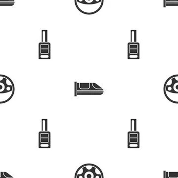 Set Steering wheel, High-speed train and Car key with remote on seamless pattern Stock Illustration