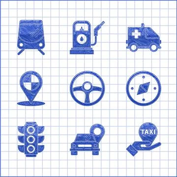 Set Steering wheel, Map pointer with taxi, Hand on map, Compass, Traffic light Stock Illustration