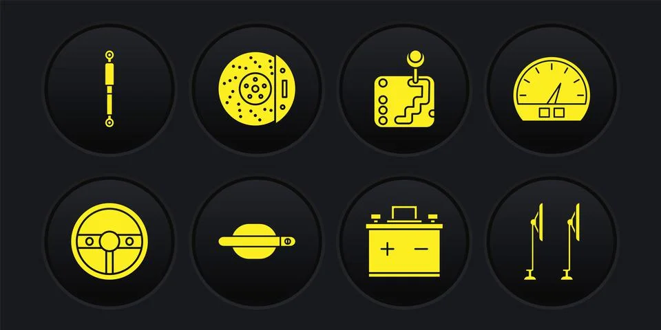 Set Steering wheel, Speedometer, Car door handle, battery, Gear shifter, brake Illustration