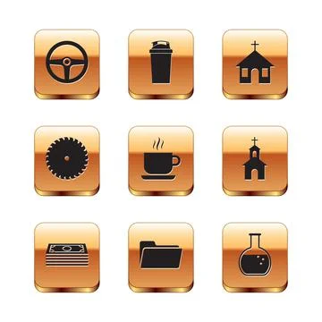 Set Steering wheel, Stacks paper money cash, Folder, Coffee cup, Circular saw Stock Illustration