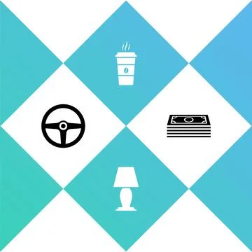 Set Steering wheel, Table lamp, Coffee cup and Stacks paper money cash icon 스톡 일러스트