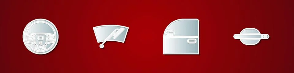 Set Steering wheel, Windscreen wiper, Car door and handle icon. Vector Stock Illustration