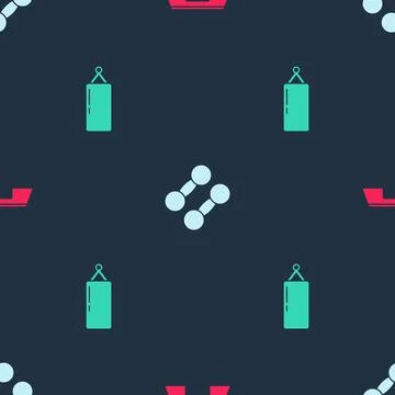Set Step platform, Dumbbell and Punching bag on seamless pattern. Vector Stock Illustration