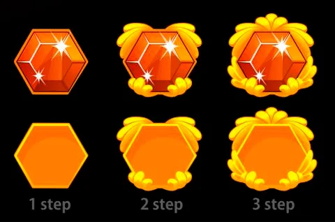 Set of step by step improvement of the gem icon and goldem template frame for Stock Illustration
