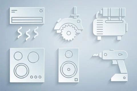 Set Stereo speaker, Air compressor, Gas stove, Electric cordless screwdriver Illustrazione stock