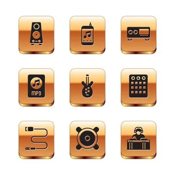 Set Stereo speaker, Audio jack, Electric bass guitar, MP3 file document, Guitar Ilustração Stock
