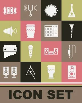 Set Stereo speaker, Audio jack, Clarinet, Dial knob level, Drum, Speaker volume Stock Illustration