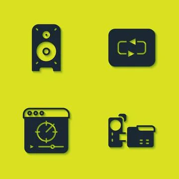 Set Stereo speaker, Cinema camera, Online play video and Repeat button icon 스톡 일러스트