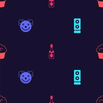 Set Stereo speaker, Clown head, Champagne bottle and Muffin on seamless pattern Stock Illustration
