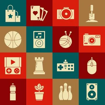 Set Stereo speaker, Computer mouse, Photo camera, Music player, Basketball .. Stock Illustration