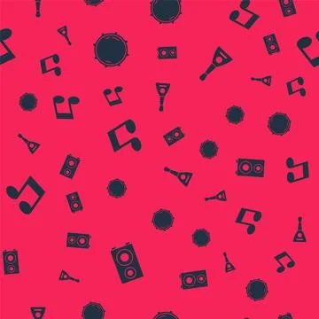 Set Stereo speaker, Dial knob level, Music note, tone and Balalaika on seamless Stock Illustration
