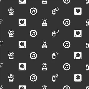 Set Stereo speaker, Drum machine, Music note, tone and on seamless pattern 库存插图