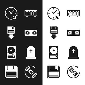 Set Stereo speaker, Floppy disk backup, Clock 24 hours, Digital alarm clock Illustrazione stock
