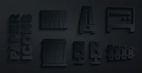 Set Stereo speaker, Guitar amplifier, Drum, Xylophone, Metronome with pendulum Ilustração Stock