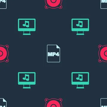 Set Stereo speaker, MP4 file document and Computer with music note on seamless Illustrazione stock