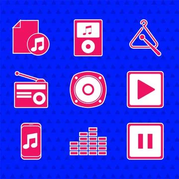 Set Stereo speaker, Music equalizer, Pause button, Play in square, player, Radio Stock Illustration
