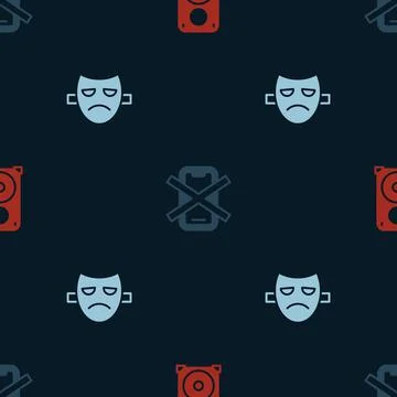 Set Stereo speaker, No cell phone and Drama theatrical mask on seamless pattern Stock Illustration
