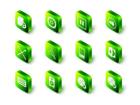 Set Stereo speaker, Pause button, Speaker volume, Vinyl player with vinyl disk Illustrazione stock