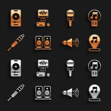 Set Stereo speaker, Pause button, Music note, tone, Speaker volume, Audio j.. Stock Illustration