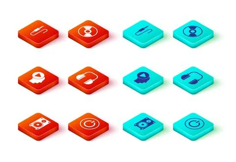 Set Stereo speaker, Power button, Head people with play, Headphones, CD or DVD Stock Illustration