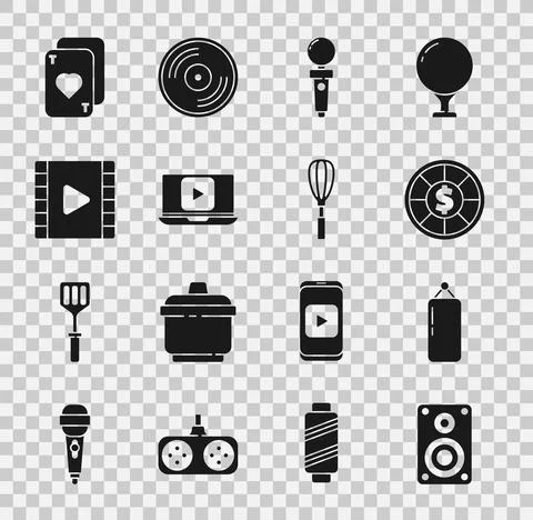 Set Stereo speaker, Punching bag, Casino chips, Joystick for arcade machine Stock Illustration