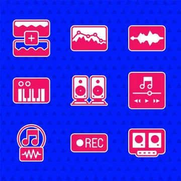 Set Stereo speaker, Record button, DJ remote and mixing music, Music player Stock Illustration
