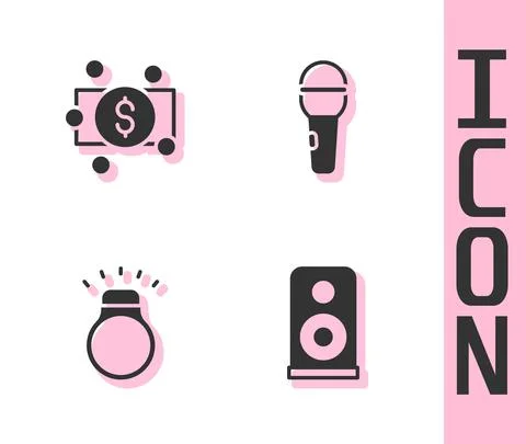 Set Stereo speaker, Stacks paper money cash, Diamond ring and Microphone icon Illustrazione stock