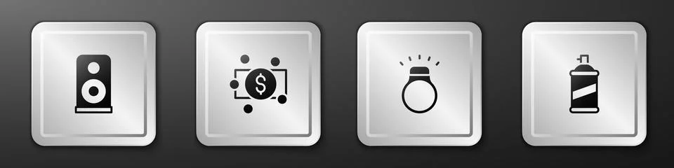 Set Stereo speaker, Stacks paper money cash, Diamond ring and Paint spray can Stock Illustration