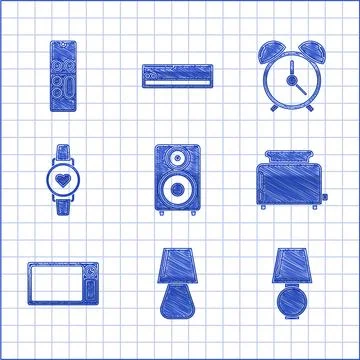 Set Stereo speaker, Table lamp, Toaster with toasts, Microwave oven, Smart watch 스톡 일러스트