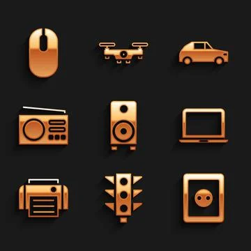 Set Stereo speaker, Traffic light, Electrical outlet, Laptop, Printer, Radio Stock Illustration