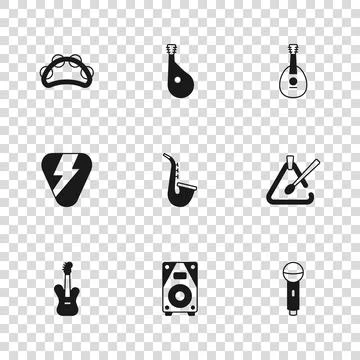 Set Stereo speaker, Triangle musical instrument, Microphone, Saxophone, Man.. Stock Illustration