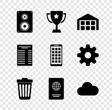 Set Stereo speaker, Trophy cup, Warehouse, Trash can, Passport and Cloud icon Stock Illustration