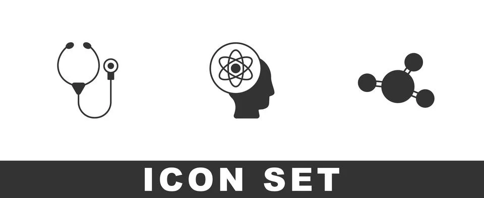 Set Stethoscope, Atom and Molecule icon. Vector Stock Illustration