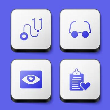 Set Stethoscope, Glasses, Red eye effect and Patient record icon. White square Stock Illustration