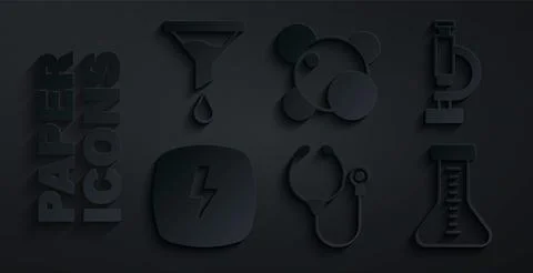 Set Stethoscope, Microscope, Lightning bolt, Test tube, Molecule and Funnel or Illustrazione stock