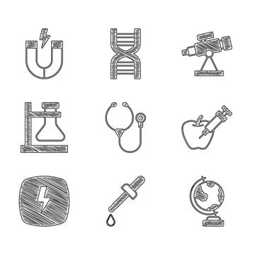 Set Stethoscope, Pipette, Earth globe, Genetically modified apple, Lightning Stock Illustration