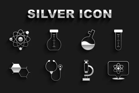 Set Stethoscope, Test tube, Atom, Microscope, Chemical formula, and icon. Vector Illustrazione stock