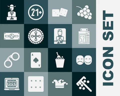 Set Stick for chips, Poker player, Deck of playing cards, Game dice, Casino Stock Illustration