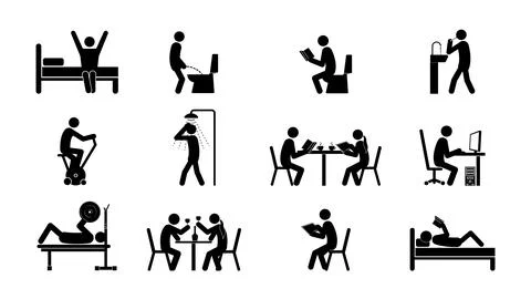 Set of stick figures, daily routine by actions, vector illustration. Stock Illustration