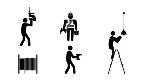 Set of stick figures, electrical work and installation, vector illustration. Stock Illustration