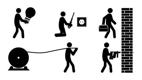 Set of stick figures, electrical work and installation, vector illustration. Stock Illustration