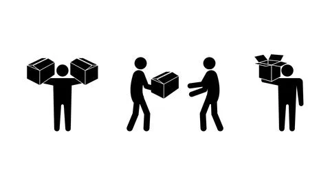 Set of stick figures, professional movers and parcel delivery, flat vector il Illustrazione stock