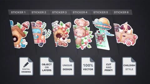 Set sticker - birdhose, bird, monkey, ufo, bull, ox, ufo, car, girl, dog, puppy Stock Illustration