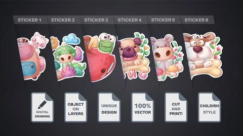 Set sticker - cat, briefcase, crocodile, alligator, worm, apple, dog, hippo Stock Illustration