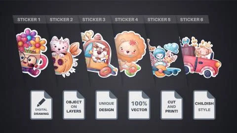 Set sticker - cat, kitty, pumpkin, dog, puppy, monkey, penguin, cow, car, lion Stock Illustration