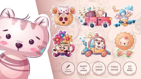 Set sticker - cat, kitty, pumpkin, dog, puppy, monkey, penguin, cow, car, lion Stock Illustration